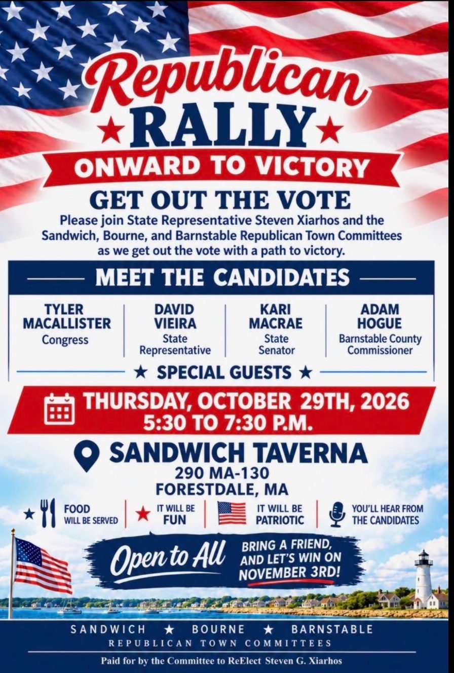 Republican Rally Onward to Victory flyer -- Thursday October 29, 2026, 5:30 to 7:30 PM, Sandwich Taverna, Forestdale