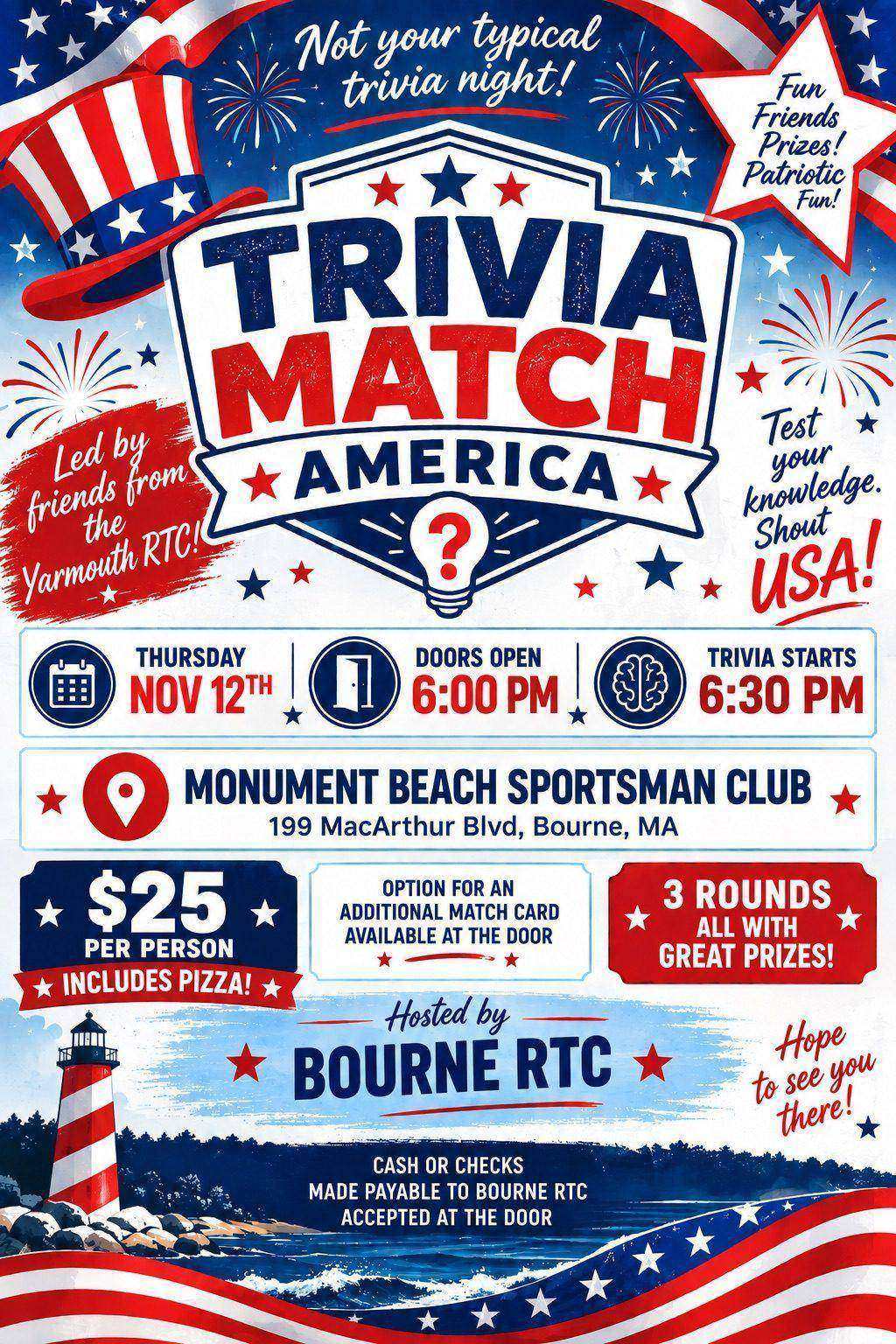 Trivia Match America flyer -- Thursday November 12, Monument Beach Sportsman Club, hosted by Bourne RTC